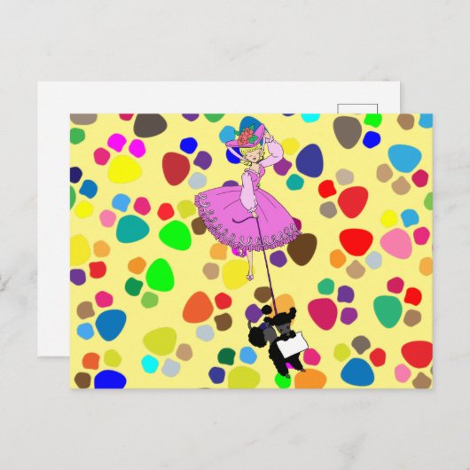 Cute Girl Pink Dress Black Poodle Original Cartoon Postkarte (Vorne/Hinten)