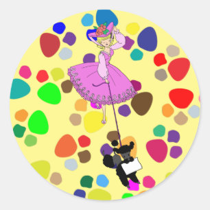 Cute Girl Pink Dress Black poodle original cartoon Runder Aufkleber