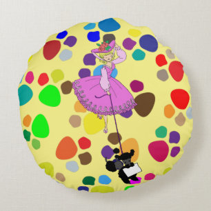 Cute Girl Pink Dress Black Poodle Original Cartoon Rundes Kissen