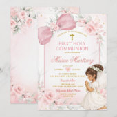 Cute Girl Praying Pink Bow First Holy Communion Einladung (Vorne/Hinten)