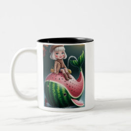 Cute Girl Riding a Watermelon Whale Zweifarbige Tasse