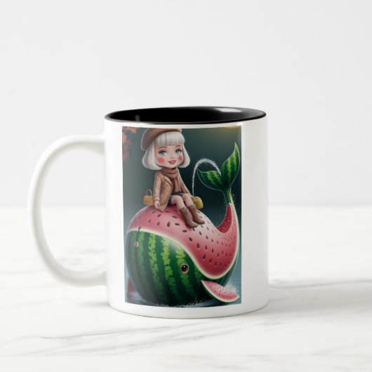 Cute Girl Riding a Watermelon Whale Zweifarbige Tasse (Links)