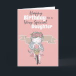 Cute girl riding bicycle daughter birthday wishes karte<br><div class="desc">Eine schöne Abbildung eines Mädchens, das ein rosa Sommerkleid trägt, das ein Fahrrad fährt. Sie hat hübsche, rosa blumengeschmückte Rose in ihren langen, lockeren Haaren und Frühlingsblumen im Korb auf ihrem Fahrrad. Die Wörter, der glückliche Geburtstag einer ganz besonderen Tochter (die in Enkelin, Nichte, Patenkind usw. umgewandelt werden kann) erscheinen...</div>