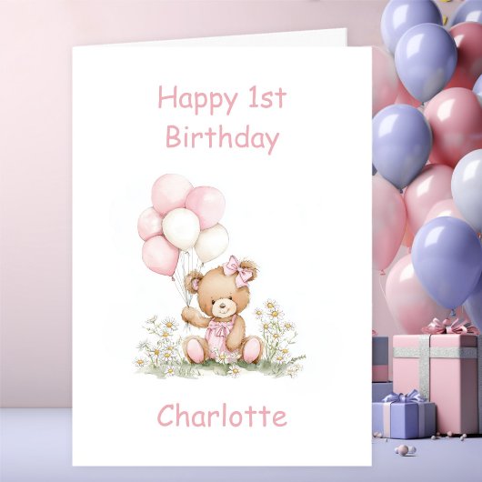 Cute Girl Teddy Bear 1st Birthday Karte