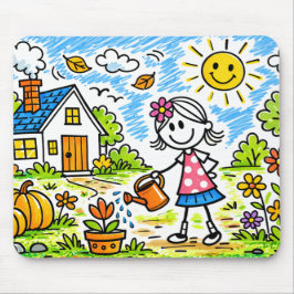 Cute Girl Watering Flowers Mouse Pad Mousepad