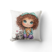 Cute Girl with Kittens Kawaii Cozy Art