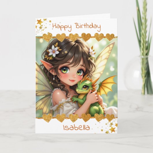 Cute Girl's Fairy and Dragon Themed Birthday Karte (Vorderseite)