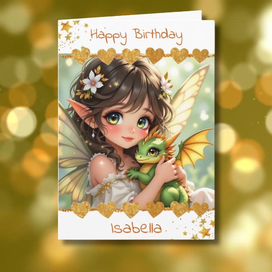 Cute Girl's Fairy and Dragon Themed Birthday Karte