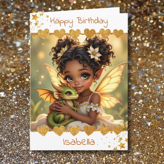 Cute Girl's Fairy and Dragon Themed Birthday Karte