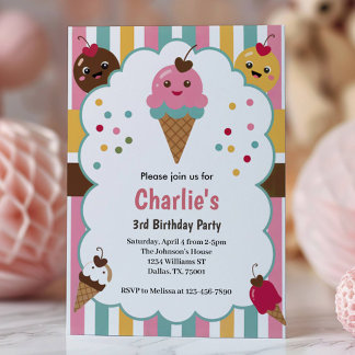 Cute Girls Ice Cream 3rd Birthday Party Einladung