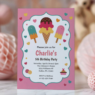 Cute Girls Ice Cream 5th Birthday Party Einladung