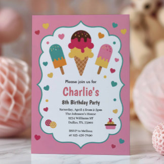 Cute Girls Ice Cream 8th Birthday Party Einladung