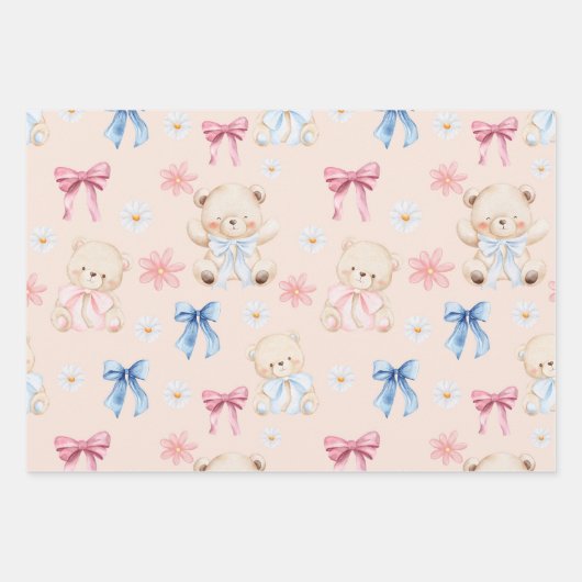 Cute Girly Bow Teddy Bears Seamless Pattern Geschenkpapier Set (Vorderseite 2)