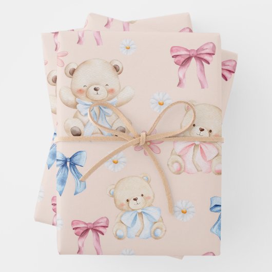 Cute Girly Bow Teddy Bears Seamless Pattern Geschenkpapier Set (Beispiel)