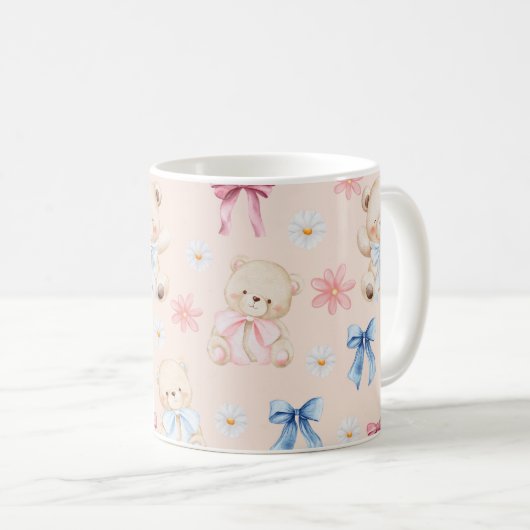 Cute Girly Bow Teddy Bears Seamless Pattern Kaffeetasse (VorderseiteRechts)