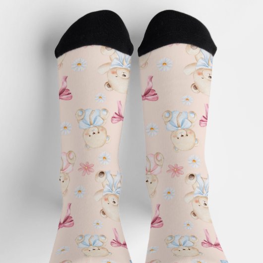 Cute Girly Bow Teddy Bears Seamless Pattern Socken (Oben)