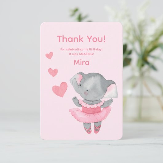 Cute Girly Elephant Ballerina Birthday Party  Dankeskarte (Stehend Vorderseite)
