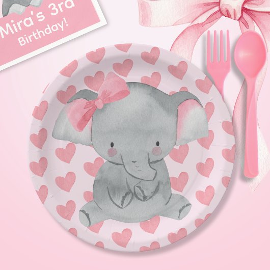 Cute Girly Elephant Pink Bow Birthday Party  Pappteller