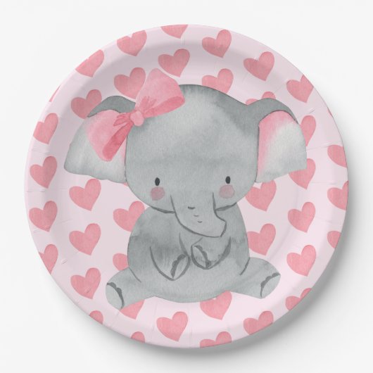 Cute Girly Elephant Pink Bow Birthday Party  Pappteller (Vorderseite)