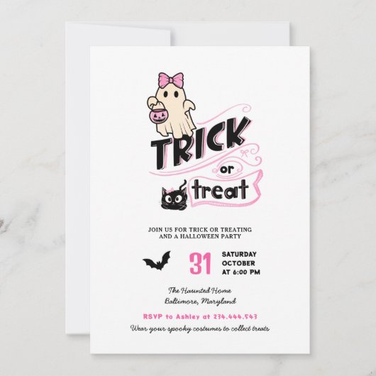 Cute Girly Ghost Trick or Treat Halloween Cat Pink Einladung (Vorderseite)