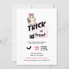Cute Girly Ghost Trick or Treat Halloween Cat Pink Einladung