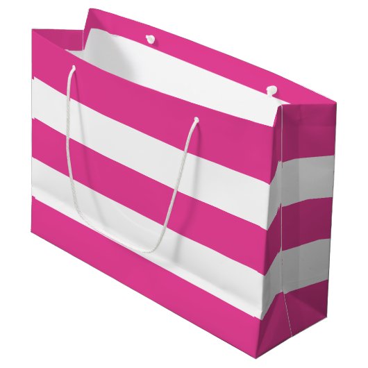 Cute Girly Modern Hot Pink White Stripes Große Geschenktüte (Vorderseite Schrägansicht)