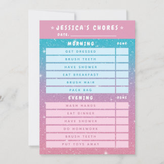 Cute Girly Pink Blue Glitter Kids Daily Chores  Einladung