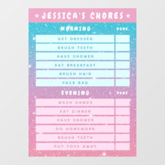 Cute Girly Pink Blue Glitter Kids Daily Chores  Fensteraufkleber
