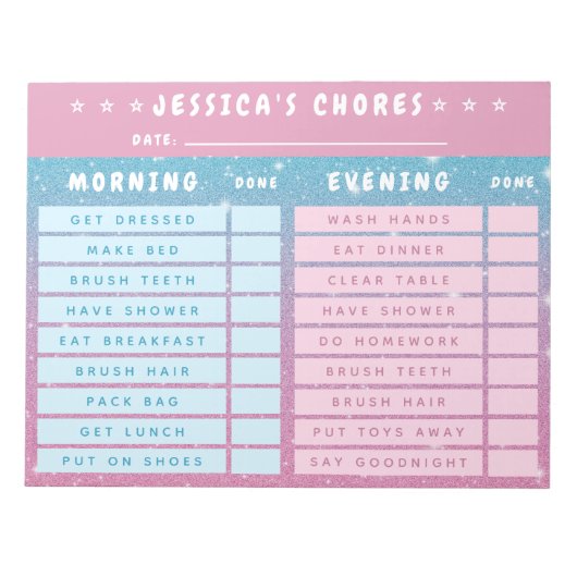 Cute Girly Pink Blue Glitter Kids Daily Chores Notizblock (Vorderseite)