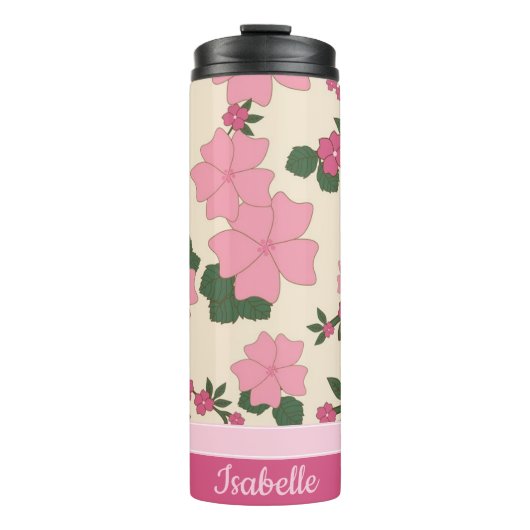 Cute Girly Pink Flower Pattern Personalised Thermosbecher (Vorderseite)