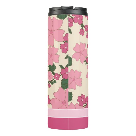 Cute Girly Pink Flower Pattern Personalised Thermosbecher (Rückseite)