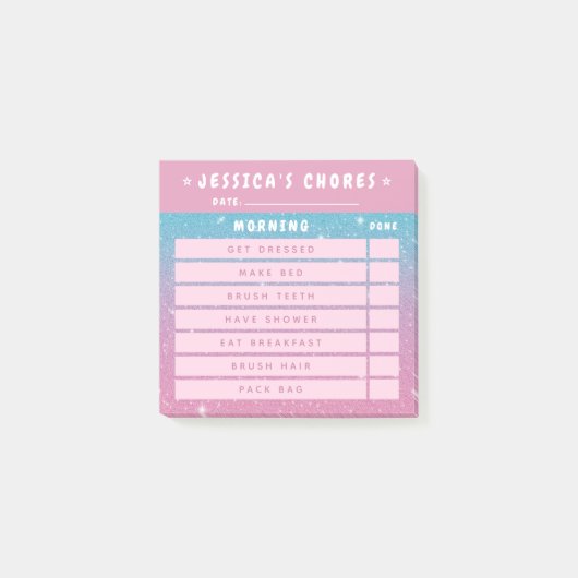 Cute Girly Pink Glitter Kids Morning Chores 3x3 Post-it Klebezettel (Vorderseite)