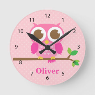 Cute Girly Pink Owl on Branch Girls Room Decor Runde Wanduhr