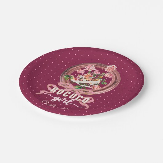 Cute Girly Pink Rococo Shoe Roses Bow Name Pappteller (Schrägansicht)