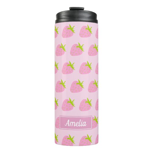Cute Girly Pink Strawberry Pattern Personalised Thermosbecher (Vorderseite)