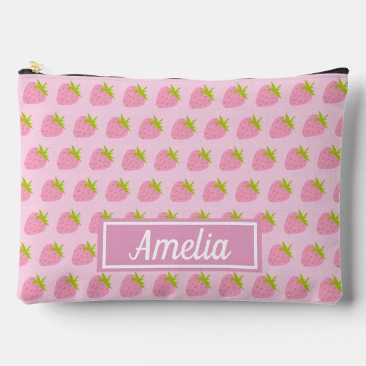 Cute Girly Pink Strawberry Pattern Personalised Zubehörtasche (Vorderseite)