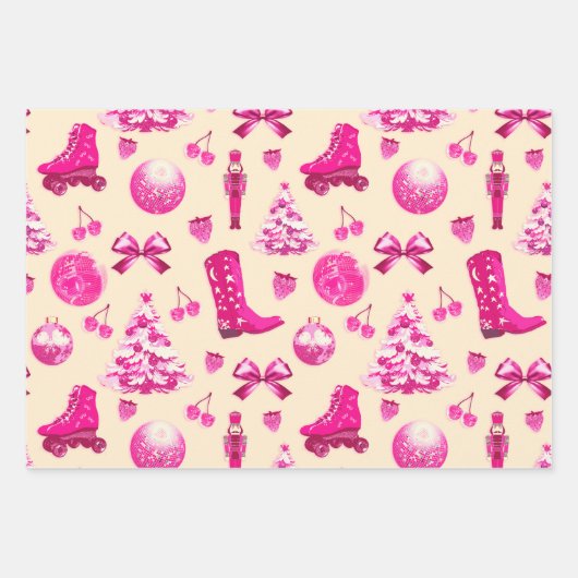 Cute Girly Preppy Pink Christmas Blue Beige Geschenkpapier Set (Vorderseite 3)