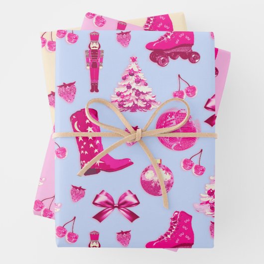 Cute Girly Preppy Pink Christmas Blue Beige Geschenkpapier Set (Beispiel)