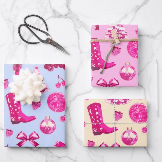 Cute Girly Preppy Pink Christmas Blue Beige Geschenkpapier Set (Vorderseite)