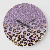 Cute girly trendy purple faux glitter leopard große wanduhr (Vorderseite)