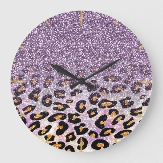 Cute girly trendy purple faux glitter leopard große wanduhr (Vorderseite)