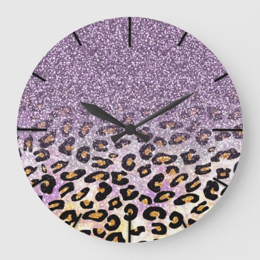 Cute girly trendy purple faux glitter leopard große wanduhr (Vorderseite)