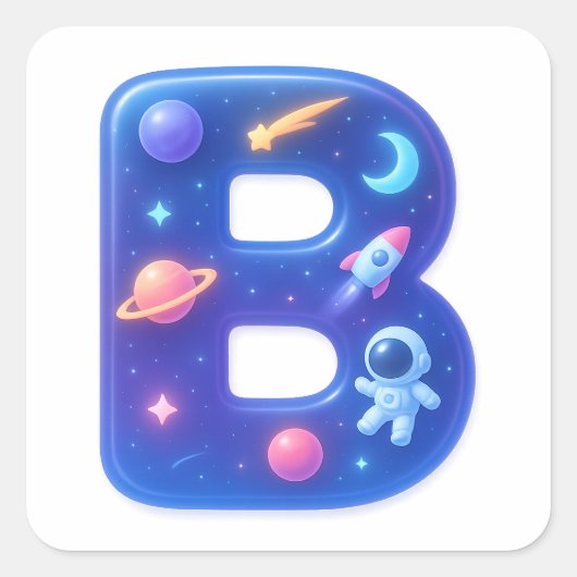 Cute Glossy Space Alphabet Letter B – Galaxy Theme Quadratischer Aufkleber (Vorderseite)