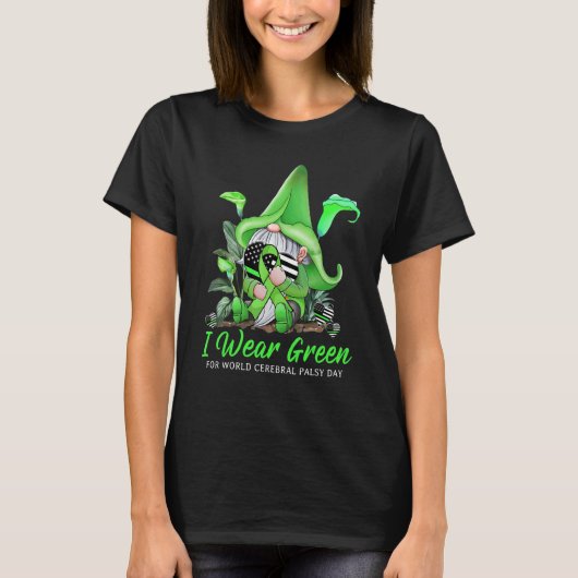 Cute Gnome Holding Green Ribbon World Cerebral Pal T-Shirt (Vorderseite)