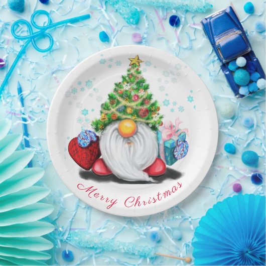 Cute Gnome with Christmas Tree Hat and Gift  Pappteller (Party)