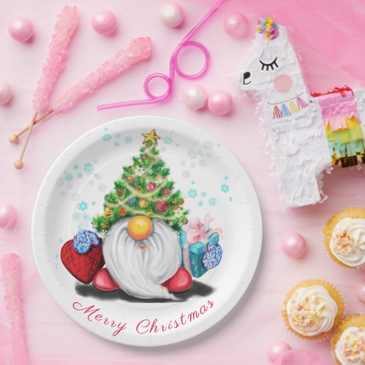 Cute Gnome with Christmas Tree Hat and Gift  Pappteller (Party)