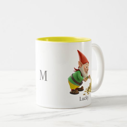 Cute Gnome with Gold Coins, Calligraphy & Monogram Zweifarbige Tasse (VorderseiteRechts)