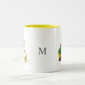 Cute Gnome with Gold Coins, Calligraphy & Monogram Zweifarbige Tasse (Mittel)