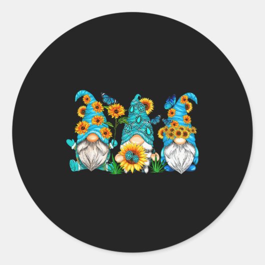 Cute Gnomes With Sunflower Butterfly Gardeners Sum Runder Aufkleber (Vorderseite)