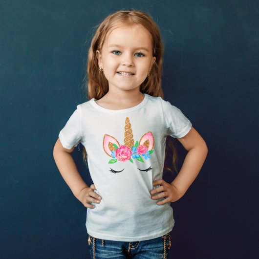 Cute Gold Glitter Unicorn Floral T-Shirt